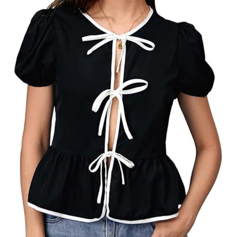Tie front puff sleeve top